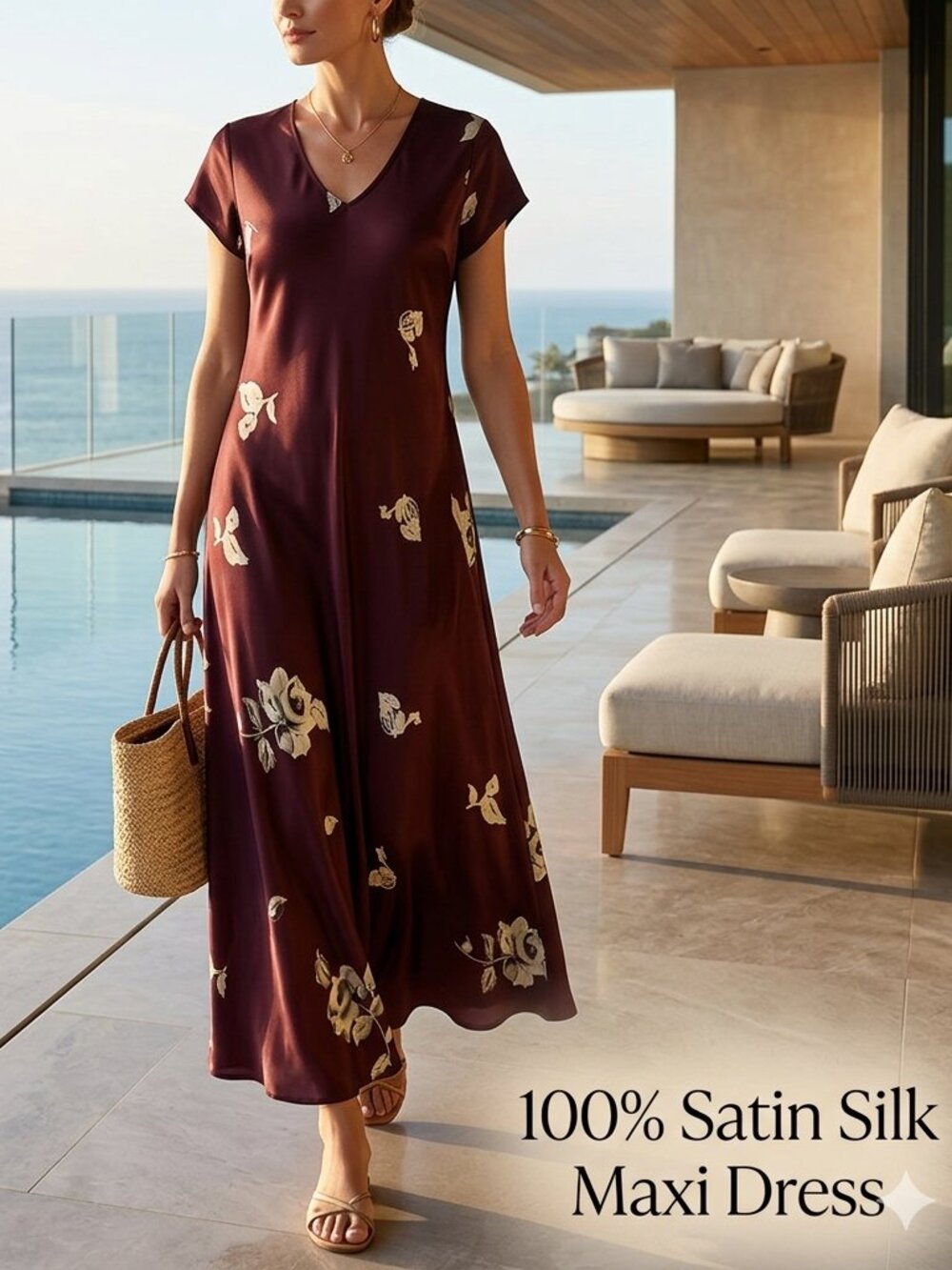 Tracy M Burgundy Satin Silk Floral Maxi Dress